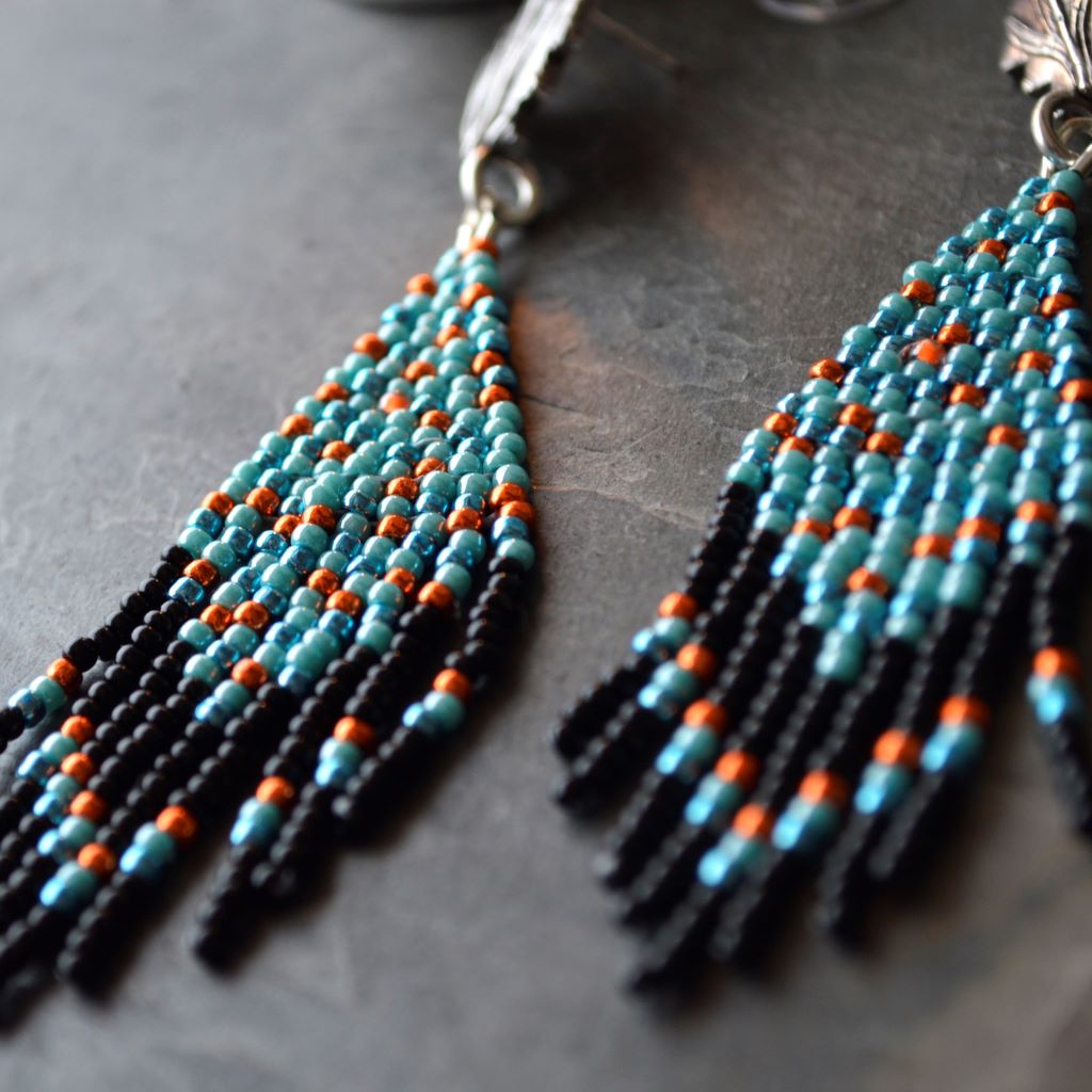 Beaded Fringe Stud Earrings with Blue, Black and Orange Beads