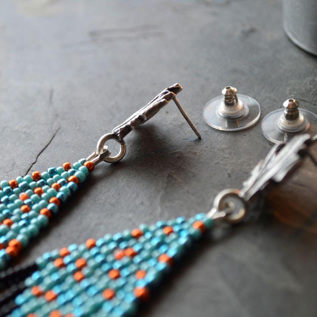 Beaded Fringe Stud Earrings with Blue, Black and Orange Beads - Gayle Dowell