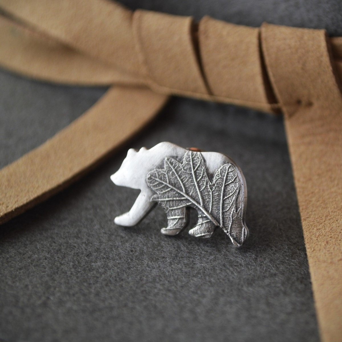 Bear Tie Tack or Hat Pin, Textured with Oak Leaf - Gayle Dowell