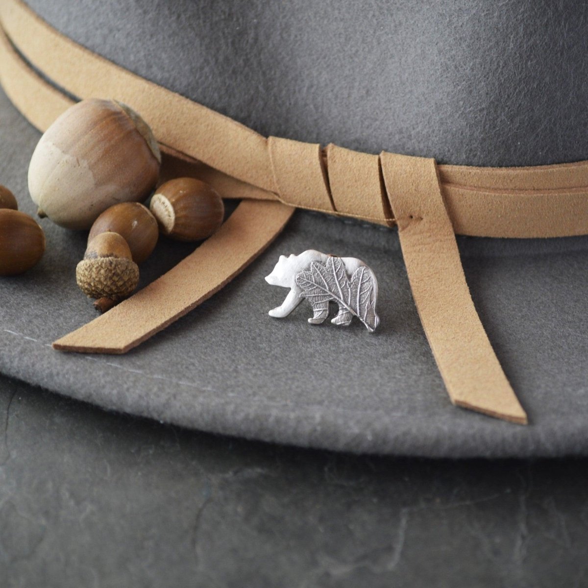 Bear Tie Tack or Hat Pin, Textured with Oak Leaf - Gayle Dowell