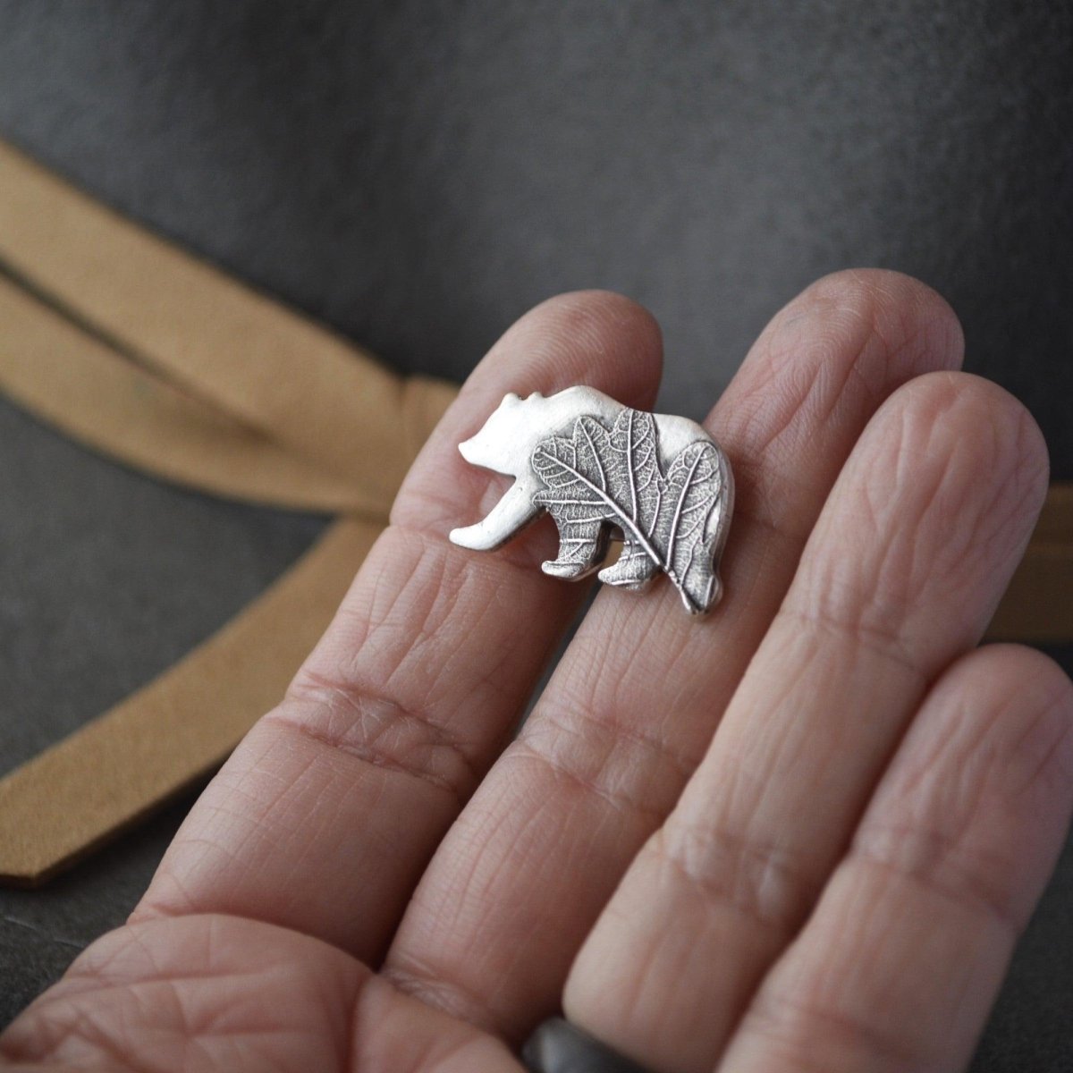 Bear Tie Tack or Hat Pin, Textured with Oak Leaf - Gayle Dowell