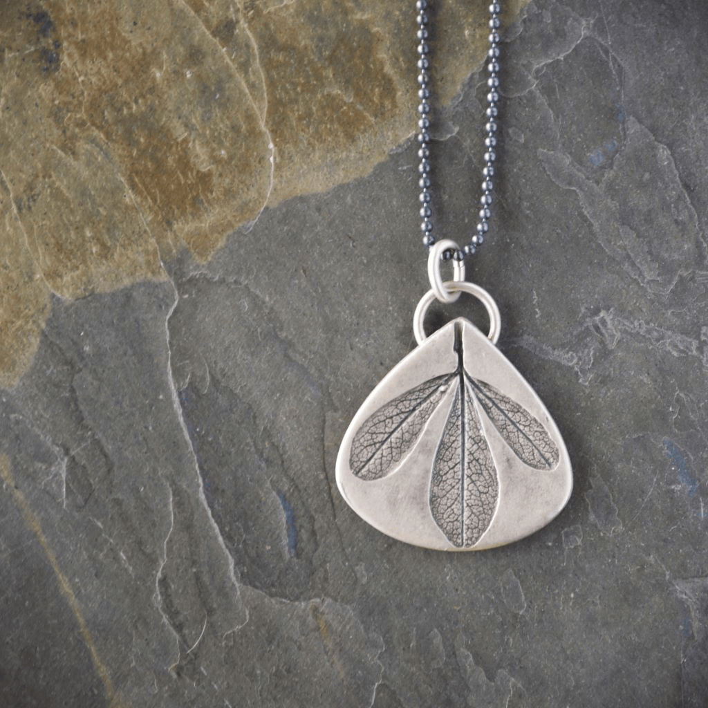 Blue Wild Indigo Leaf Silver Necklace with Black Chain - Gayle Dowell