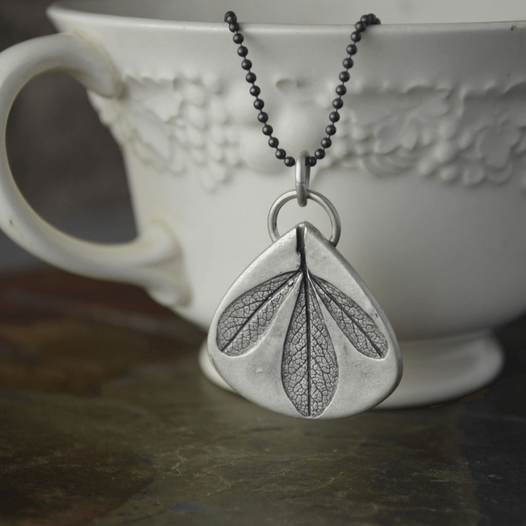 Blue Wild Indigo Leaf Silver Necklace with Black Chain - Gayle Dowell