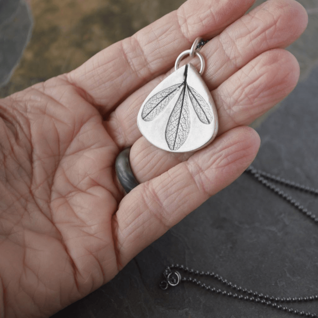 Blue Wild Indigo Leaf Silver Necklace with Black Chain - Gayle Dowell