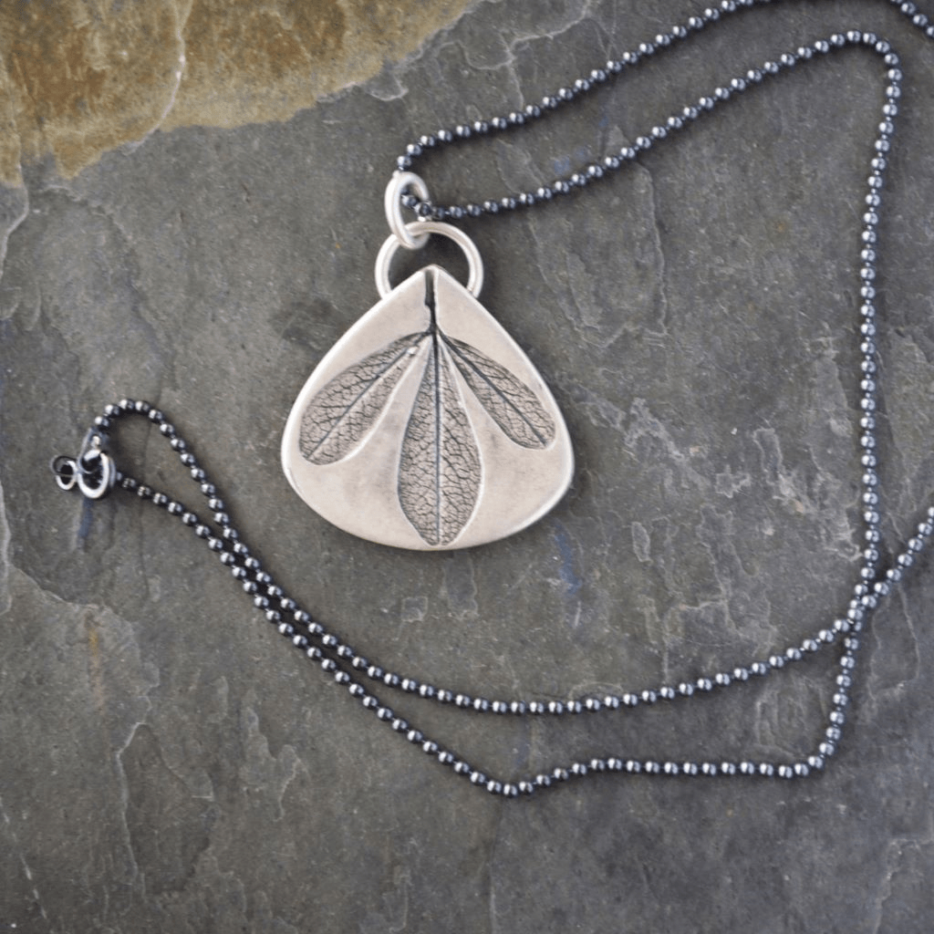Blue Wild Indigo Leaf Silver Necklace with Black Chain - Gayle Dowell