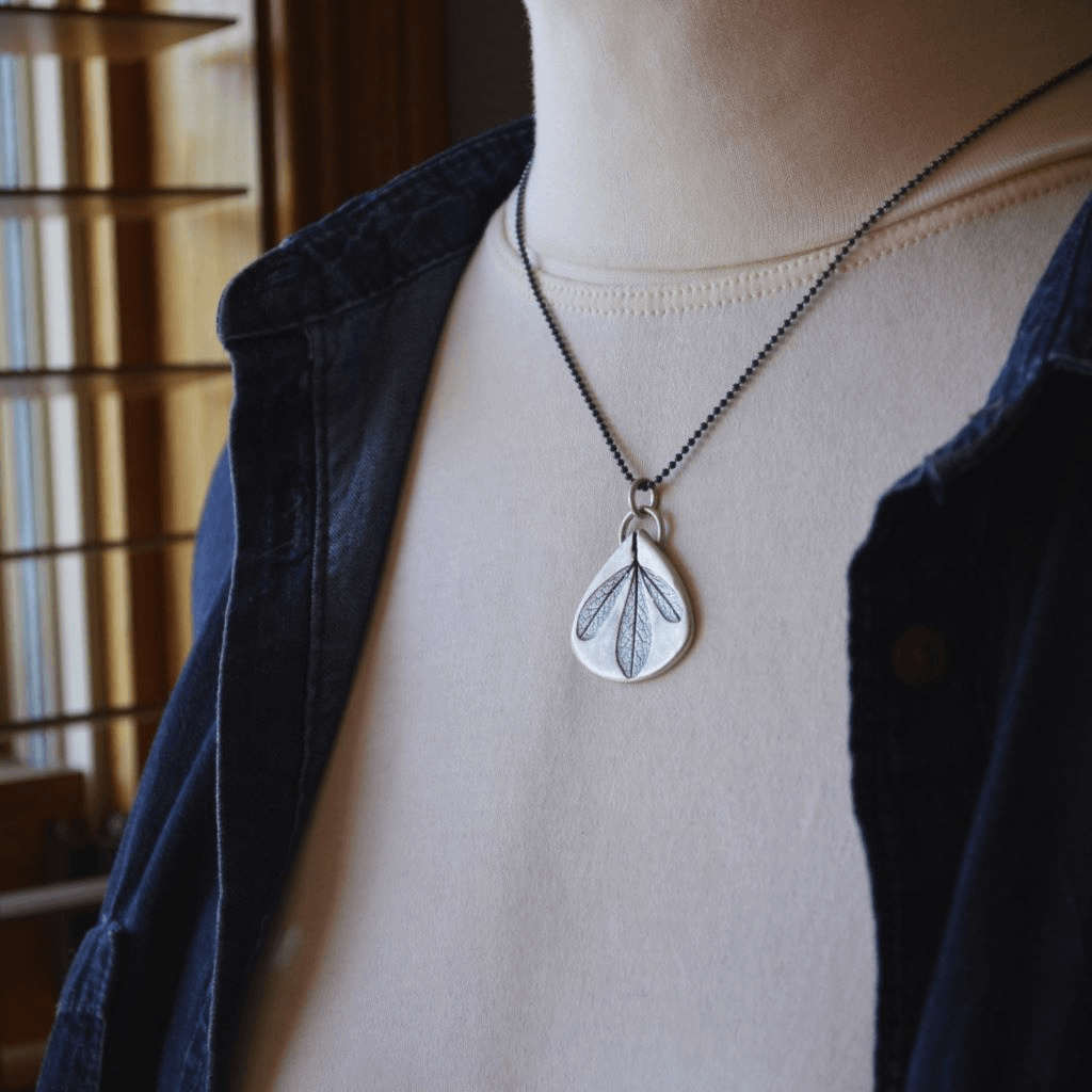 Blue Wild Indigo Leaf Silver Necklace with Black Chain - Gayle Dowell