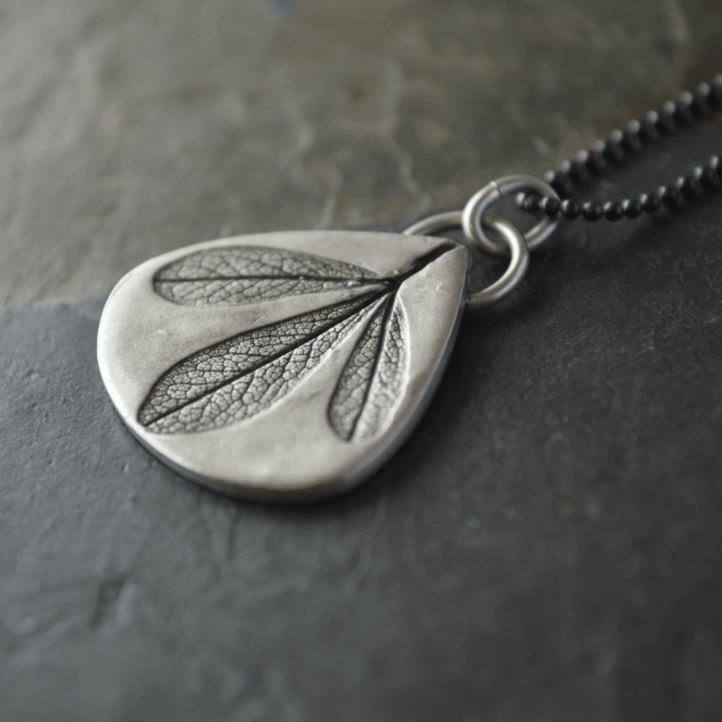 Blue Wild Indigo Leaf Silver Necklace with Black Chain - Gayle Dowell