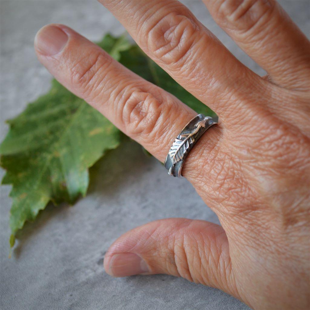Chinkapin Oak Ring, Leaf and Twig Band in Sterling Silver - Gayle Dowell