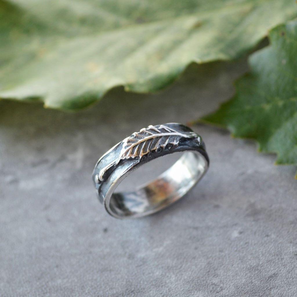 Chinkapin Oak Ring, Leaf and Twig Band in Sterling Silver - Gayle Dowell