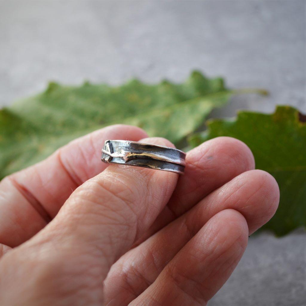 Chinkapin Oak Ring, Leaf and Twig Band in Sterling Silver - Gayle Dowell