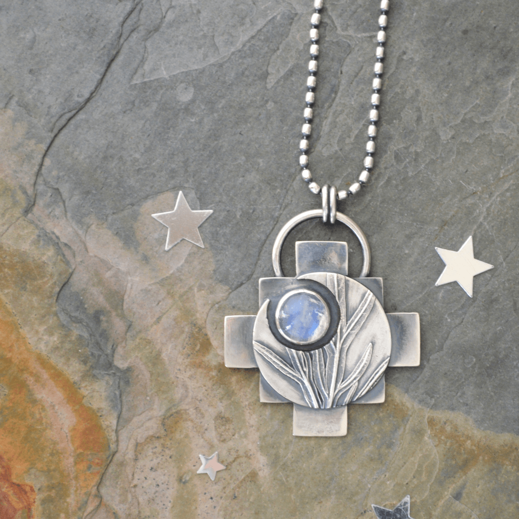 Crescent Moon Necklace with Rainbow Moonstone - Gayle Dowell