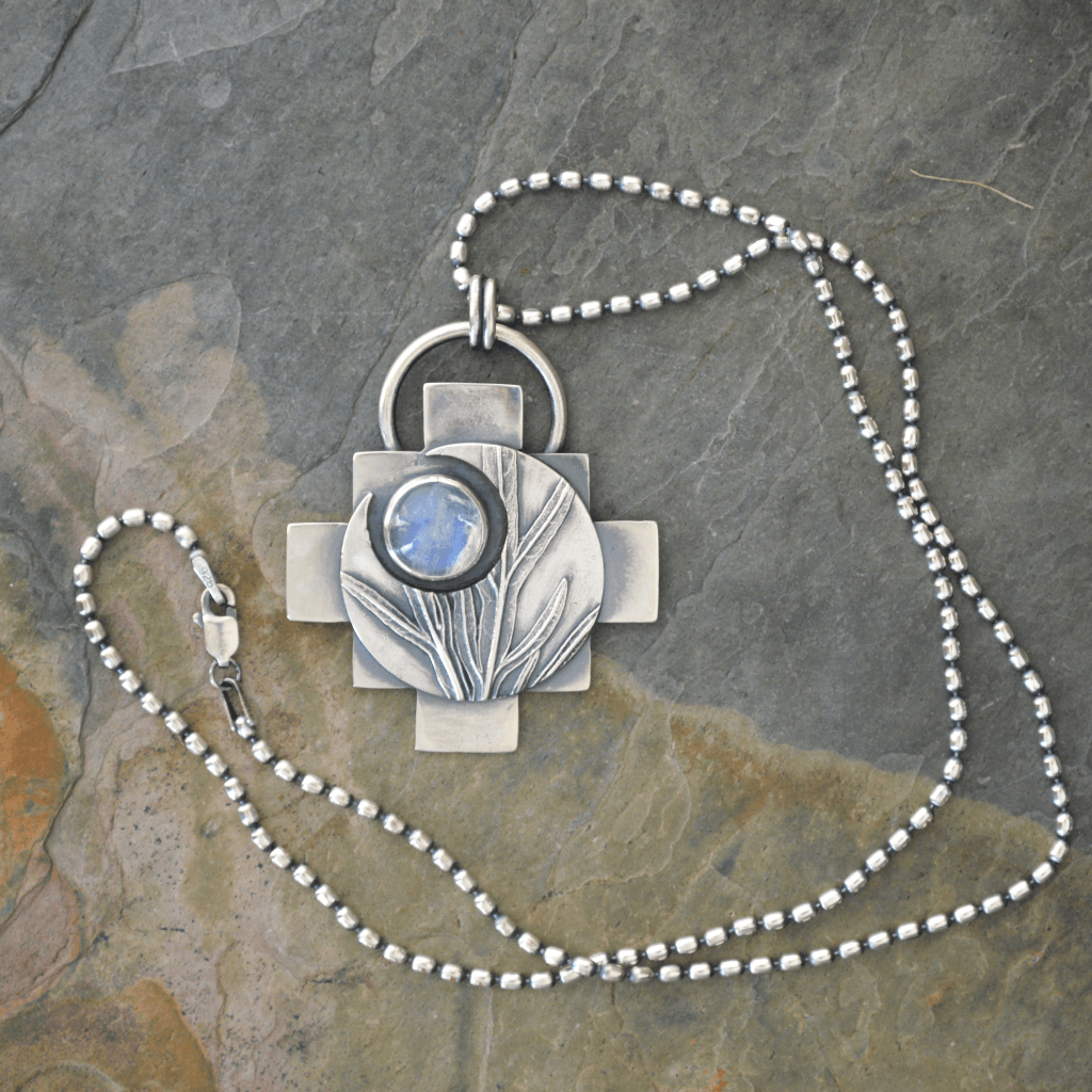 Crescent Moon Necklace with Rainbow Moonstone - Gayle Dowell