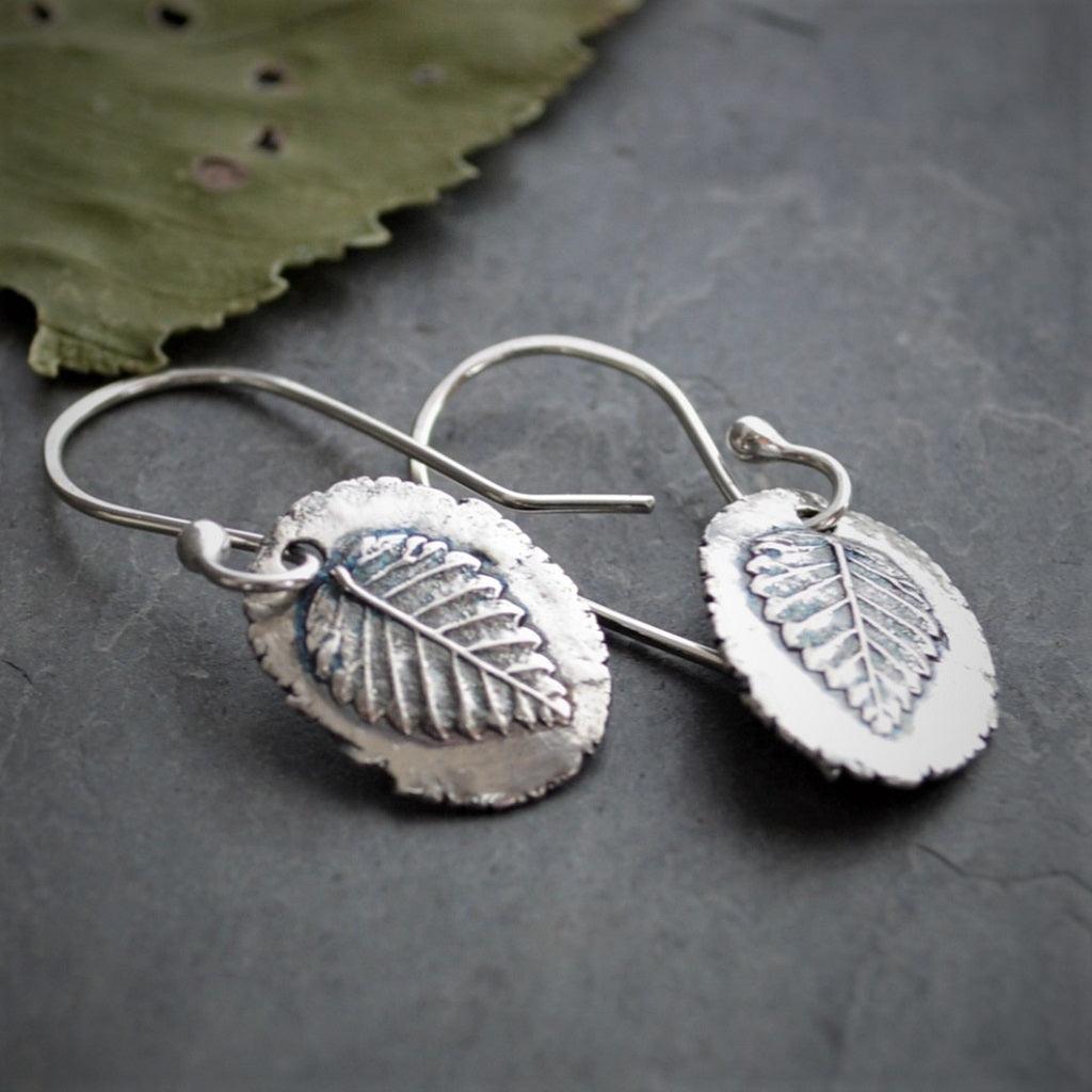 Elm Leaf Earrings in Raw Fine Silver - Gayle Dowell