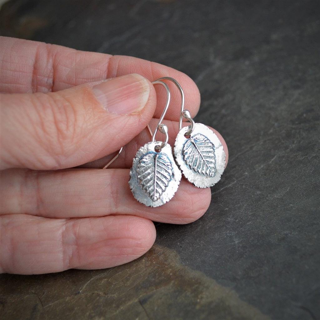 Elm Leaf Earrings in Raw Fine Silver - Gayle Dowell