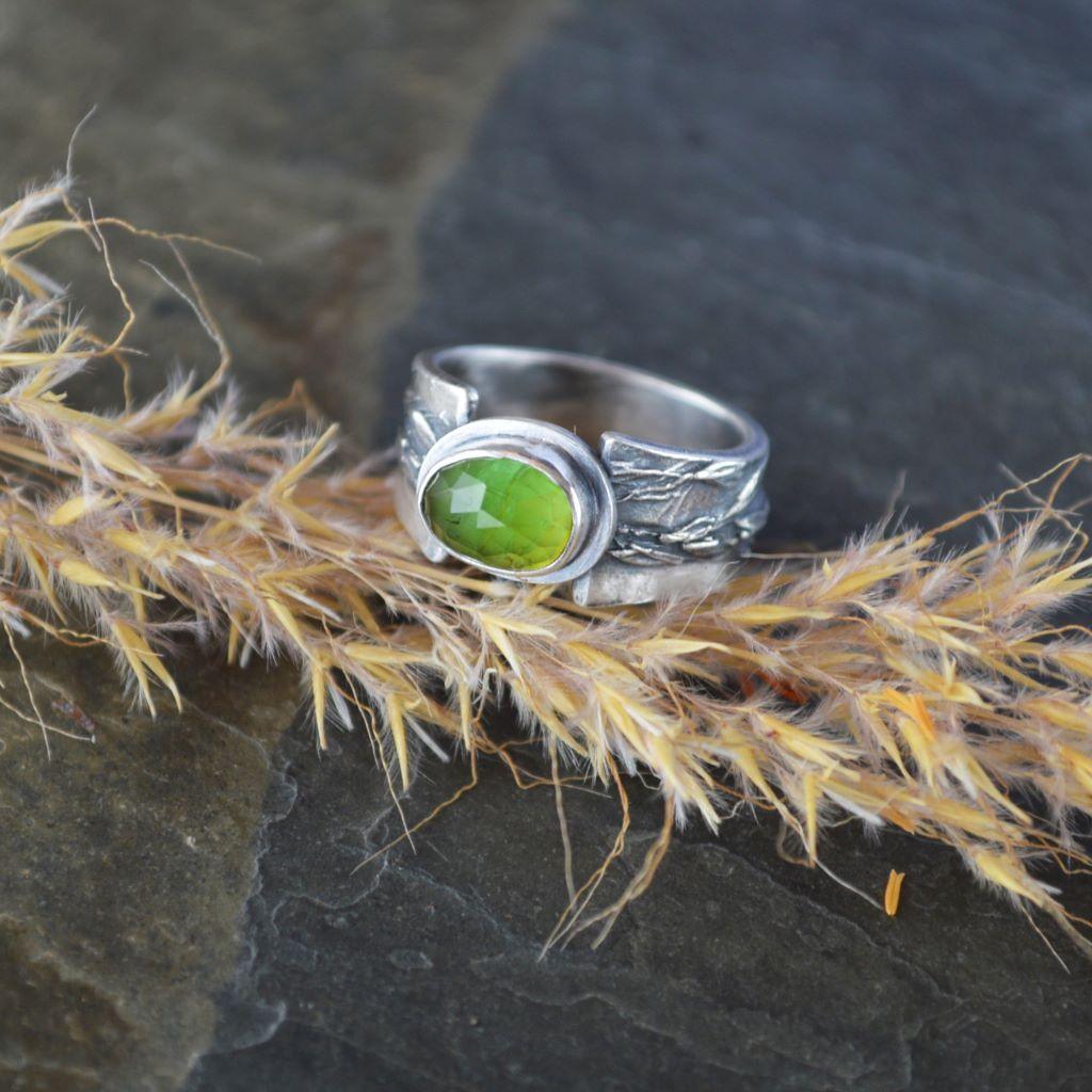 Green Tourmaline and Silver Ring with Indiangrass, Fits a 6.5 Finger - Gayle Dowell