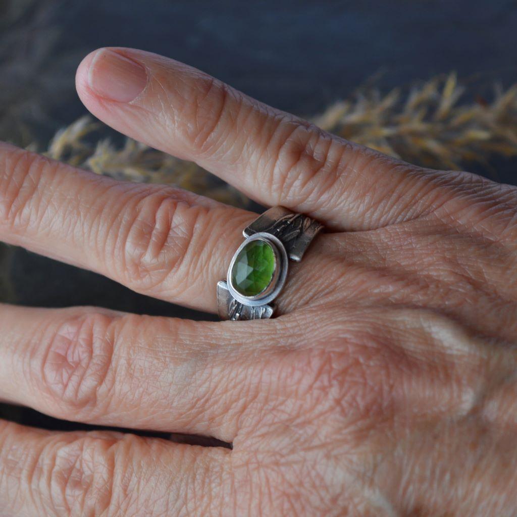 Green Tourmaline and Silver Ring with Indiangrass, Fits a 6.5 Finger - Gayle Dowell