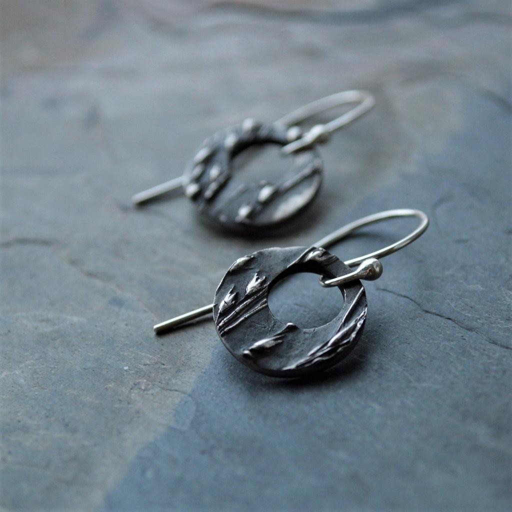 Hoop Earrings in Fine Silver Textured with Prairie Switchgrass - Gayle Dowell