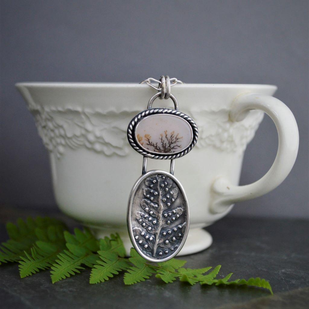Marginal Wood Fern Pendant Necklace with Dendritic Agate Stone in Fine and Sterling Silver - Gayle Dowell