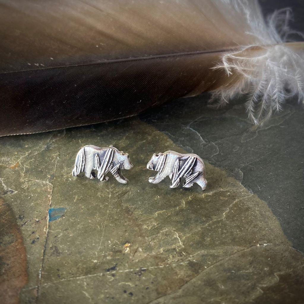 Silver Bear Stud Earrings Textured with Sage - Gayle Dowell