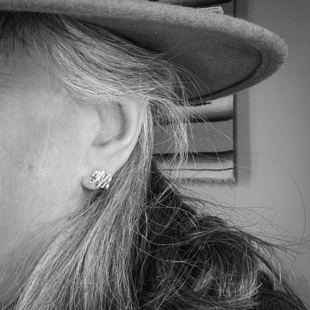 Silver Bear Stud Earrings Textured with Sage - Gayle Dowell