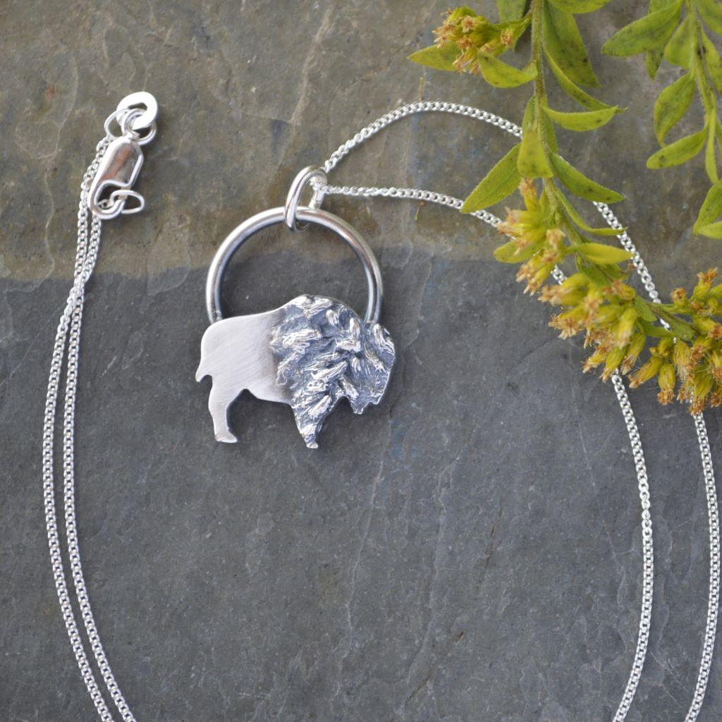 Silver Bison Necklace Textured with Goldenrod Flowers - Gayle Dowell