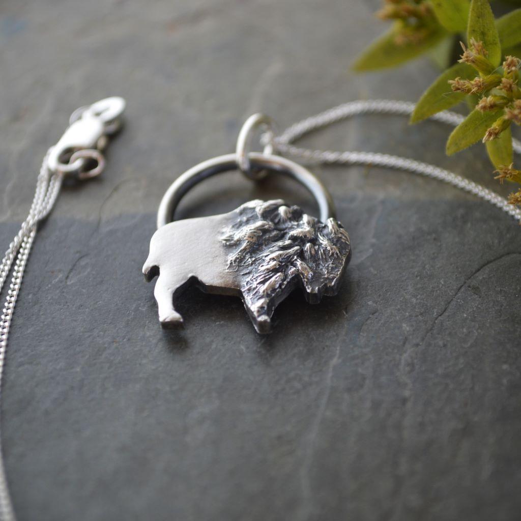 Silver Bison Necklace Textured with Goldenrod Flowers - Gayle Dowell