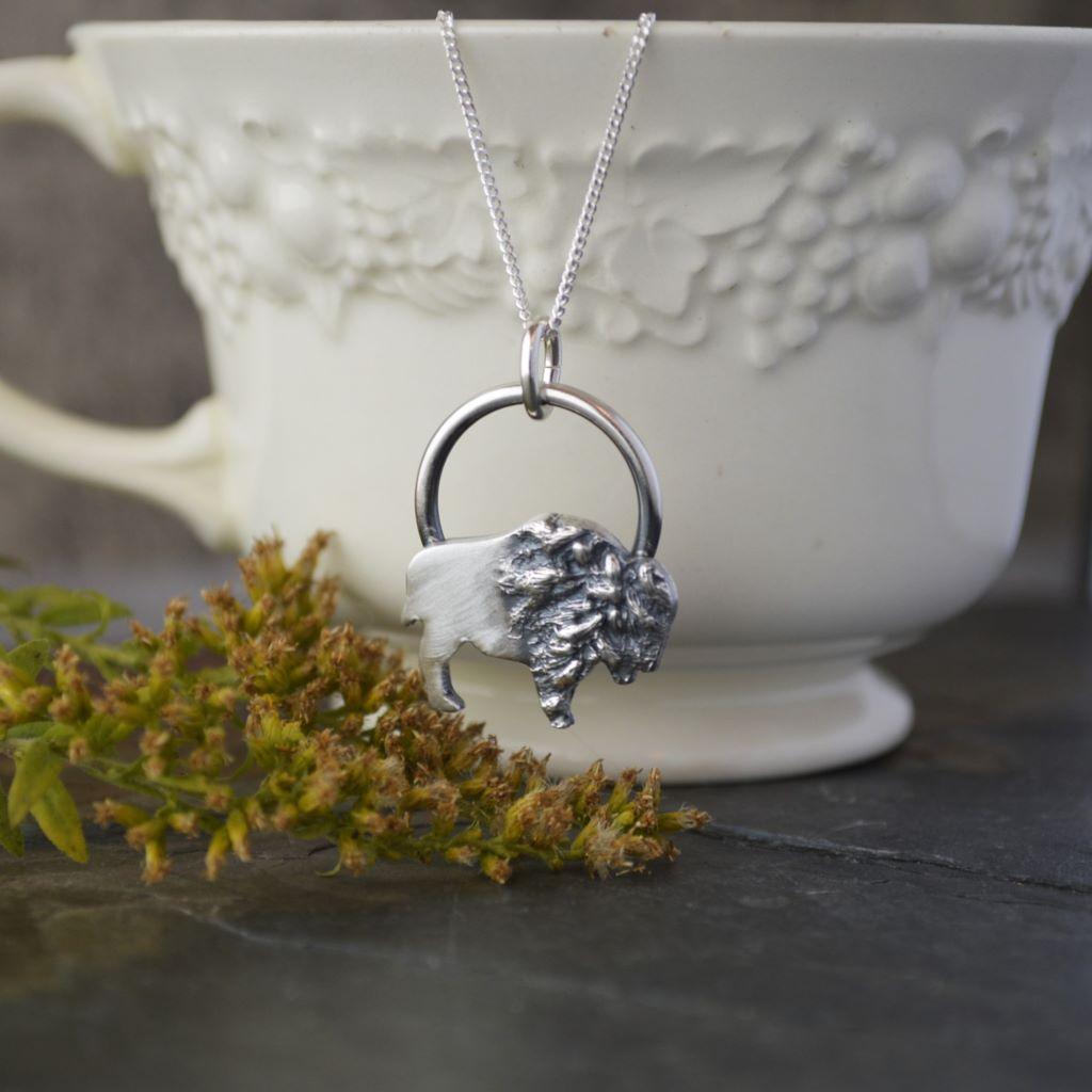 Silver Bison Necklace Textured with Goldenrod Flowers - Gayle Dowell