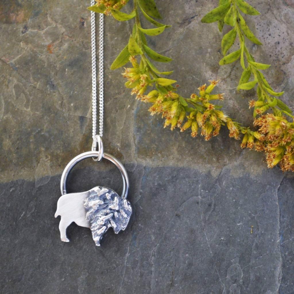 Silver Bison Necklace Textured with Goldenrod Flowers - Gayle Dowell
