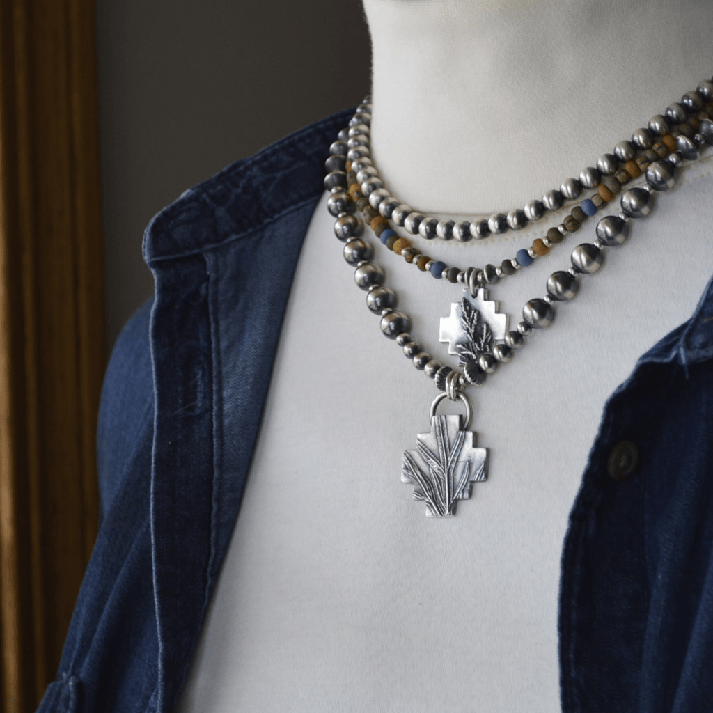 Silver Cedar Southwest Cross Pendant with Beaded Necklace - Gayle Dowell