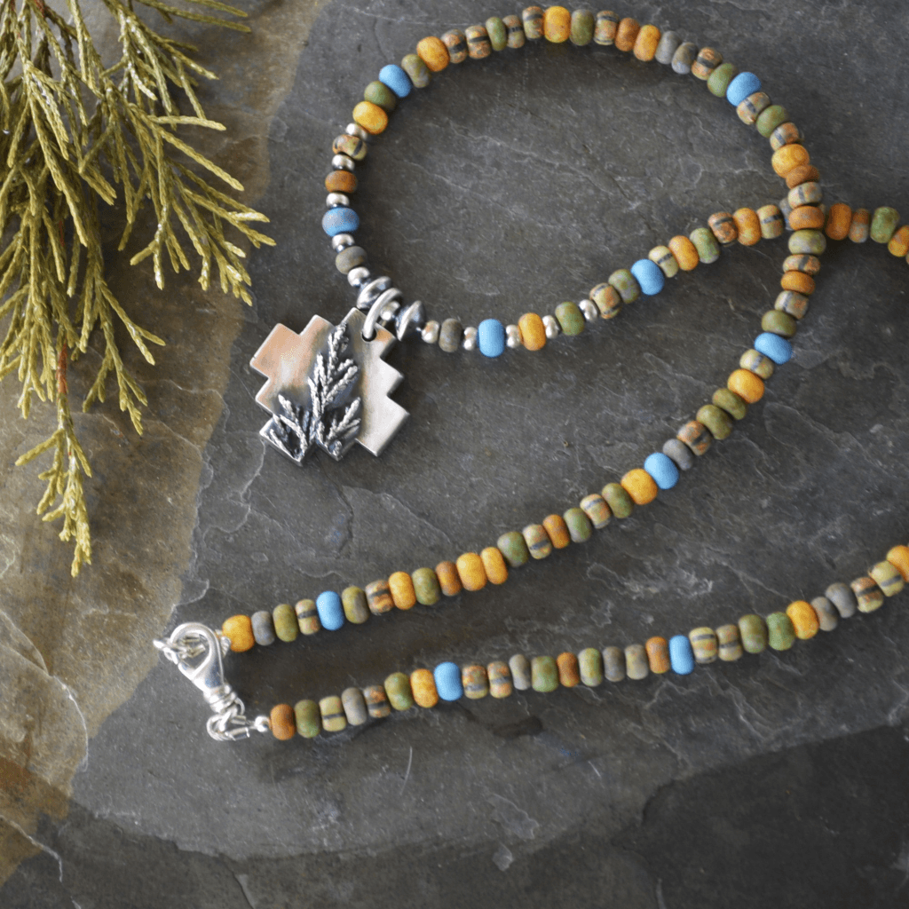 Silver Cedar Southwest Cross Pendant with Beaded Necklace - Gayle Dowell