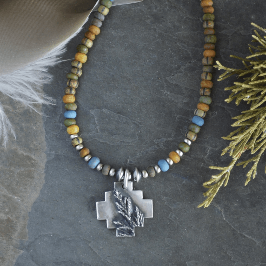 Silver Cedar Southwest Cross Pendant with Beaded Necklace - Gayle Dowell