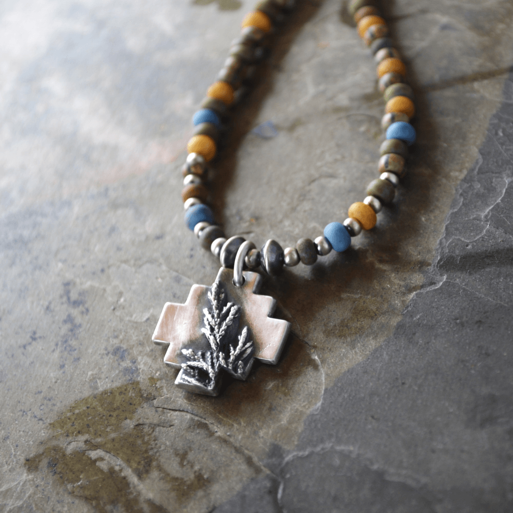 Silver Cedar Southwest Cross Pendant with Beaded Necklace - Gayle Dowell