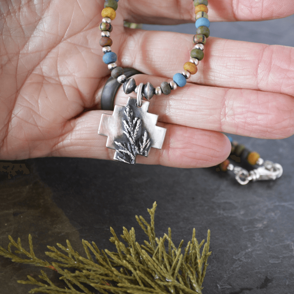Silver Cedar Southwest Cross Pendant with Beaded Necklace - Gayle Dowell