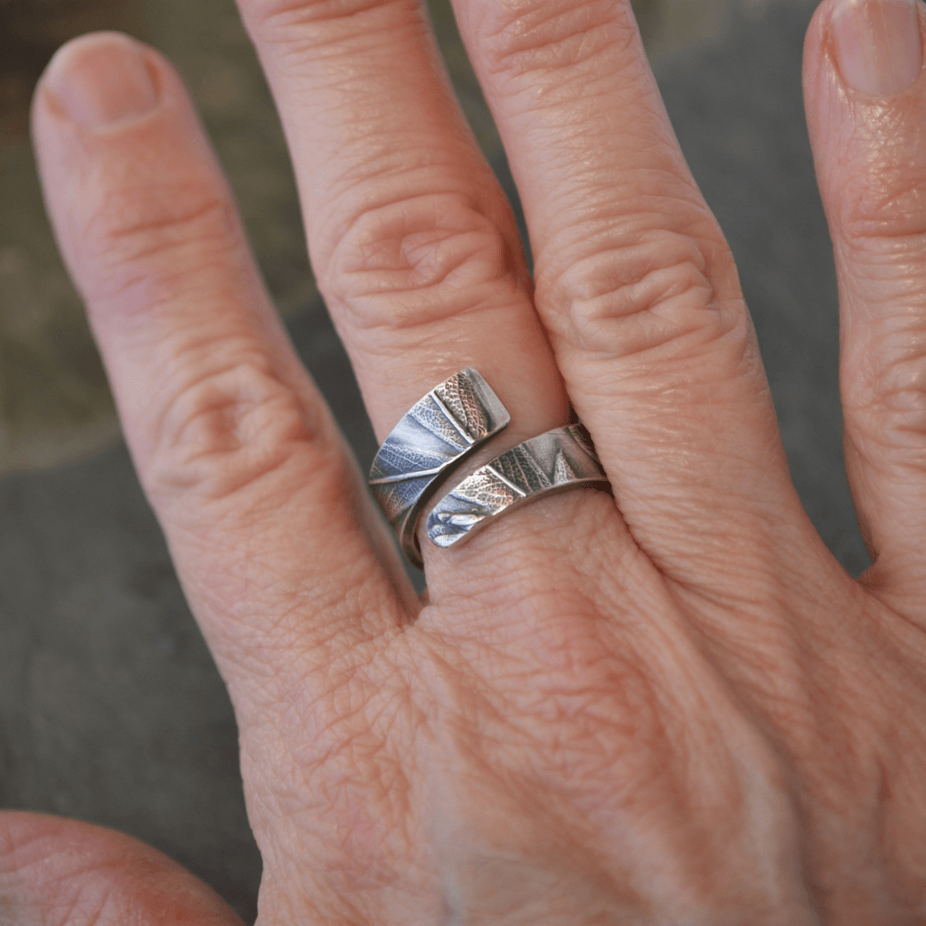 Sterling Silver Wrap Ring, Blue Wild Indigo Leaf, Size 6.5 - Gayle Dowell