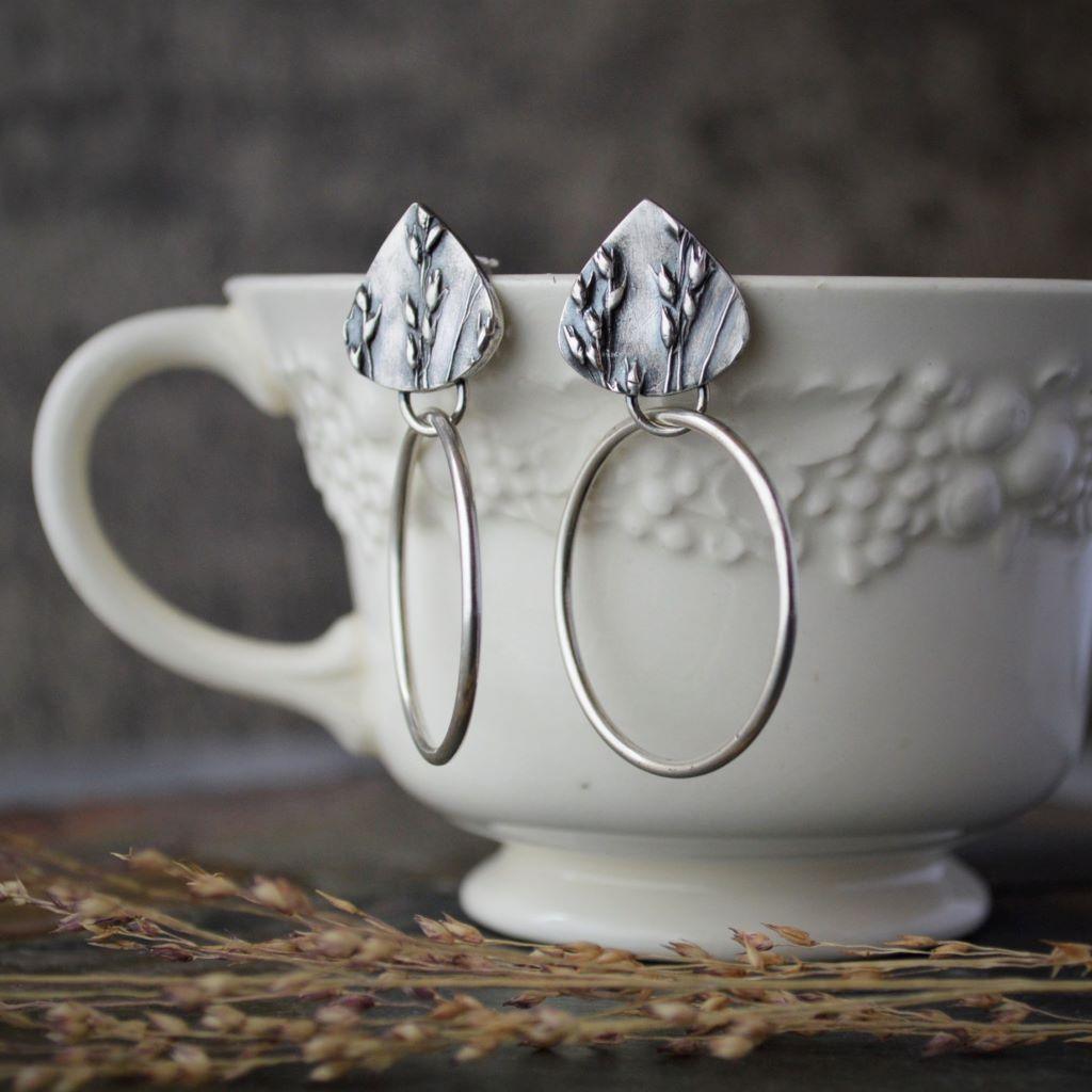Switchgrass Prairie Earrings, Sterling Hoop Studs - Gayle Dowell