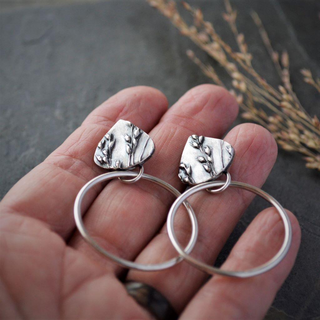 Switchgrass Prairie Earrings, Sterling Hoop Studs - Gayle Dowell