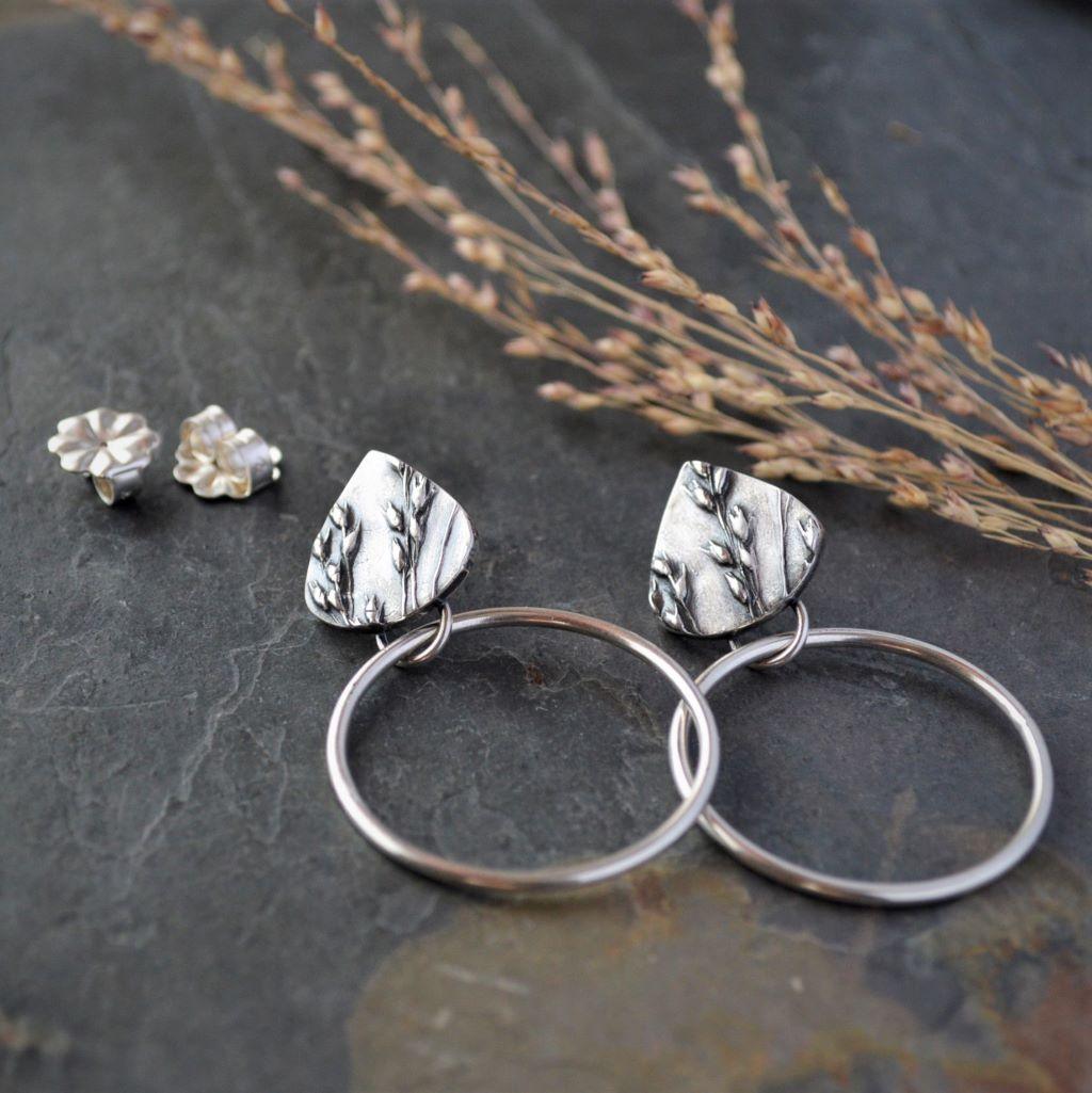 Switchgrass Prairie Earrings, Sterling Hoop Studs - Gayle Dowell