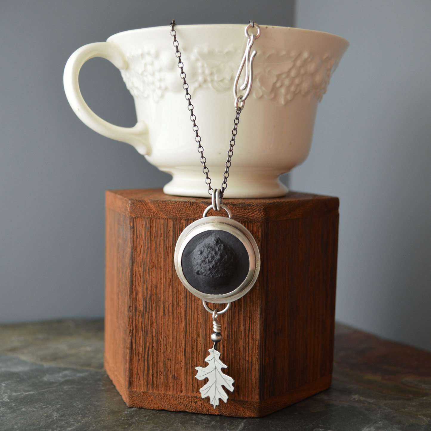 Black Porcelain Acorn and Sterling Oak Leaf Necklace
