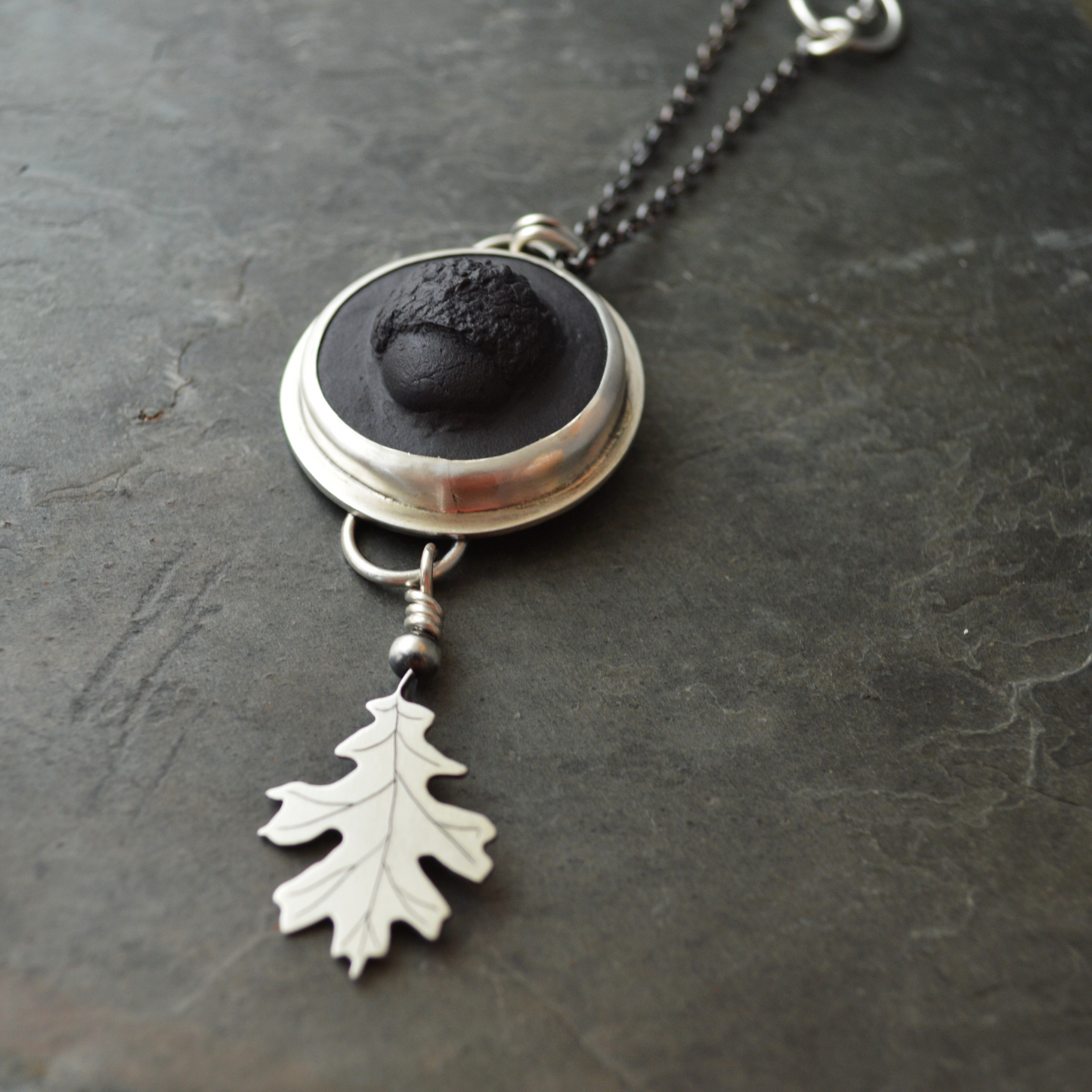 Black Porcelain Acorn and Sterling Oak Leaf Necklace