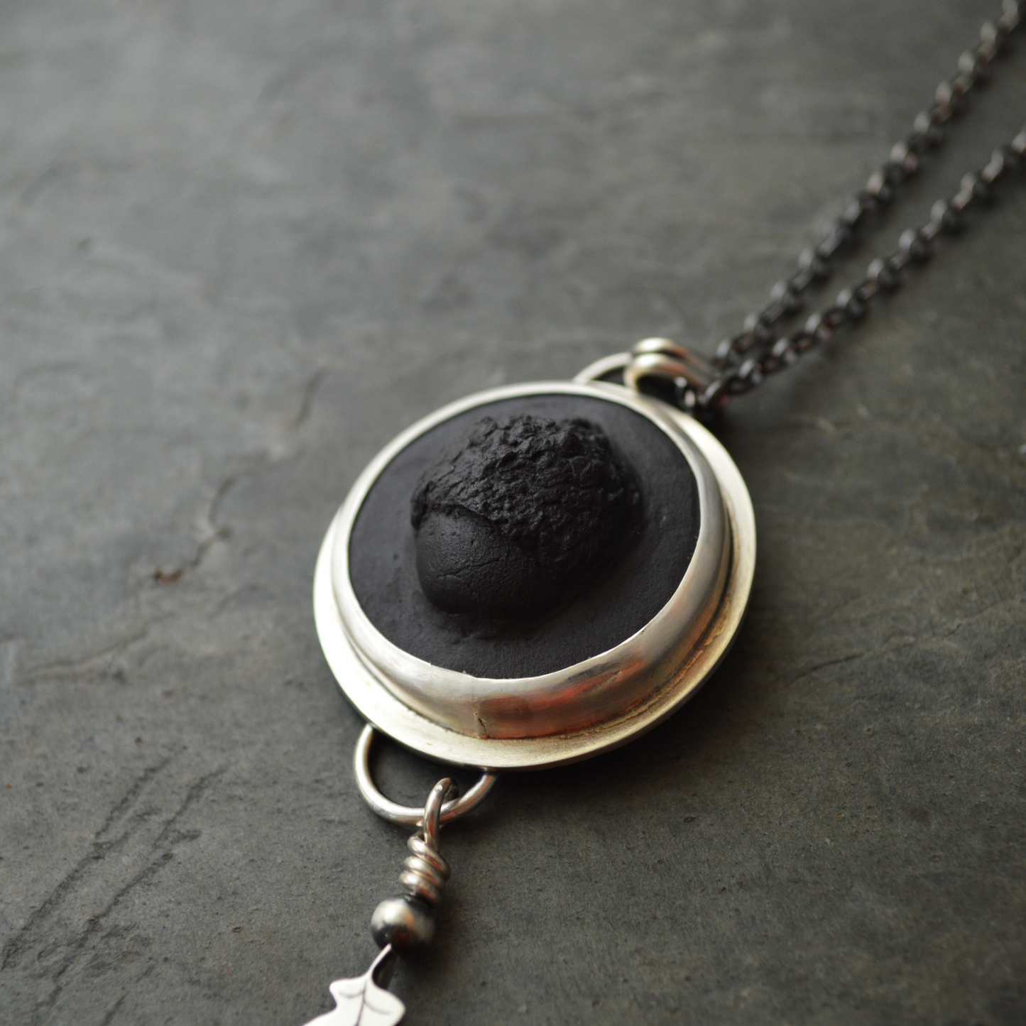 Black Porcelain Acorn and Sterling Oak Leaf Necklace