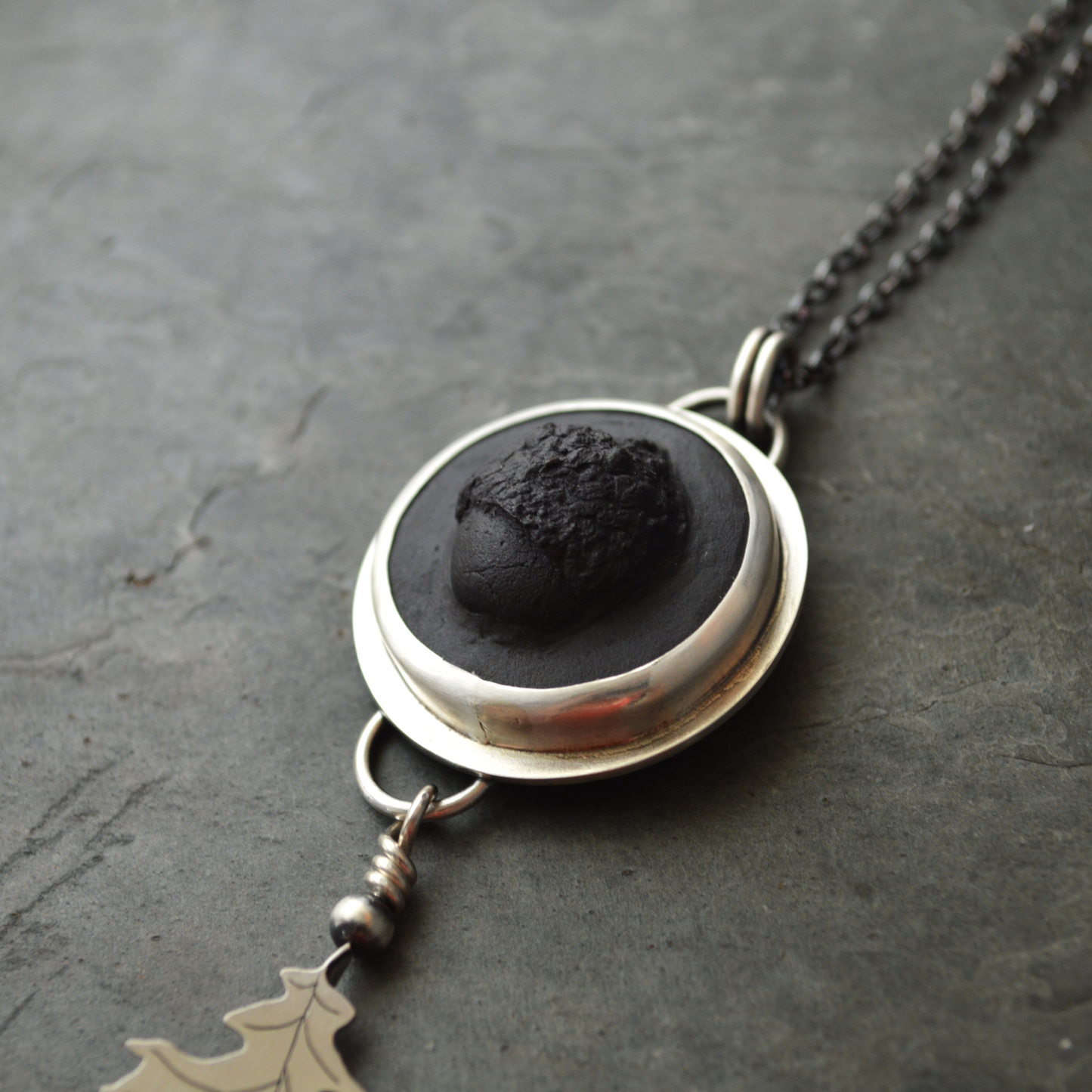 Black Porcelain Acorn and Sterling Oak Leaf Necklace
