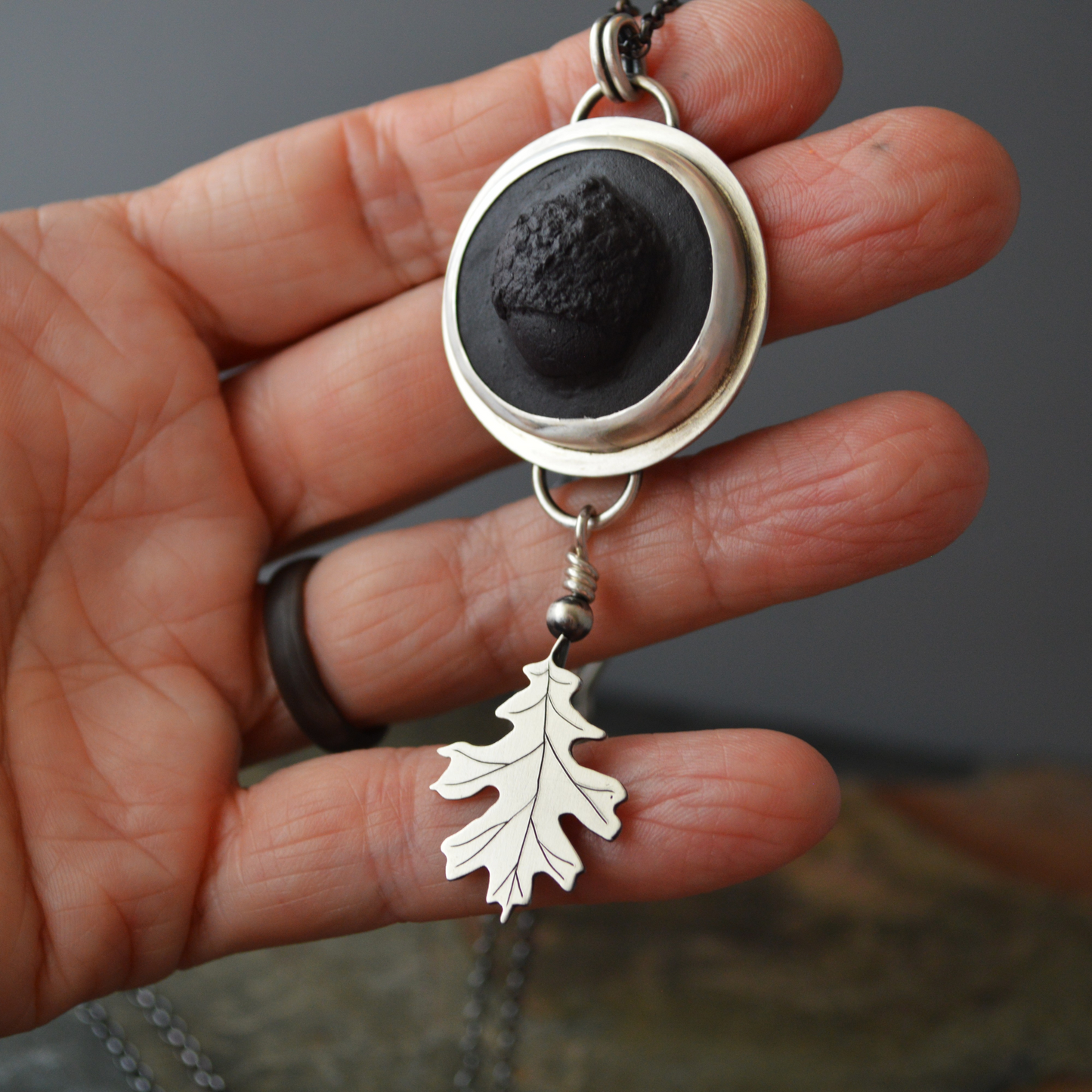 Black Porcelain Acorn and Sterling Oak Leaf Necklace