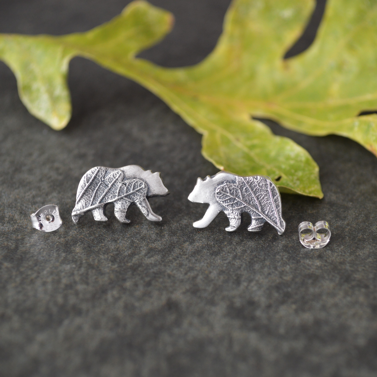 Silver Bear Stud Earrings Textured with Oak Leaf