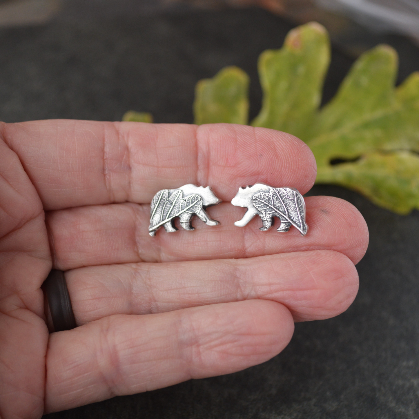 Silver Bear Stud Earrings Textured with Oak Leaf