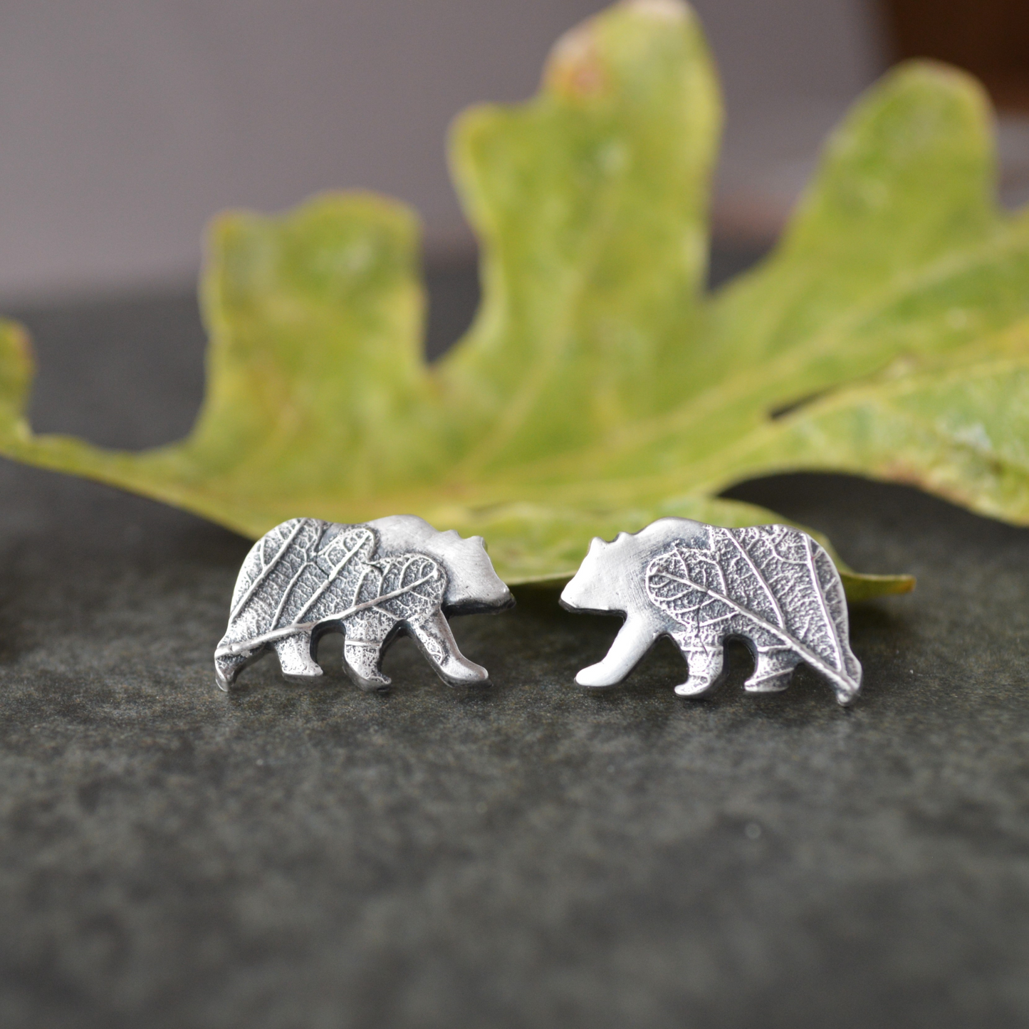 Silver Bear Stud Earrings Textured with Oak Leaf