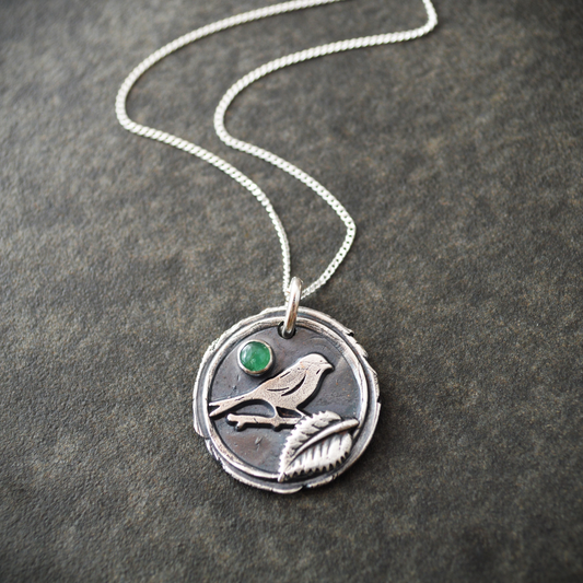 Bird on Limb Necklace with Emerald Gemstone