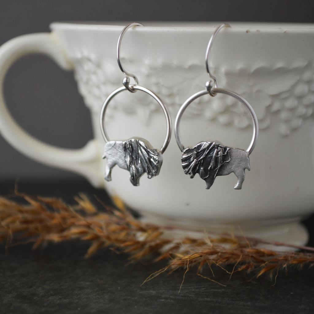 Silver Bison Hoop Earrings Textured with Indiangrass