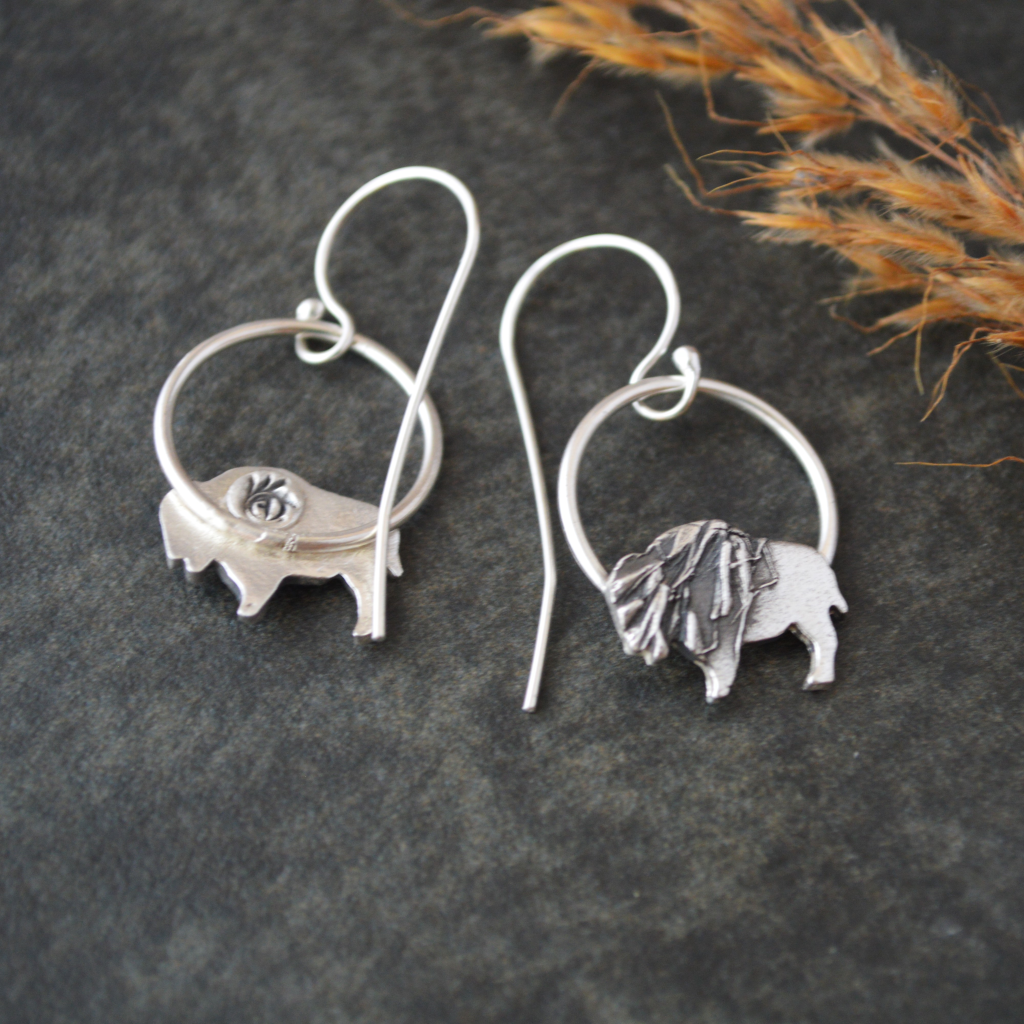 Silver Bison Hoop Earrings Textured with Indiangrass