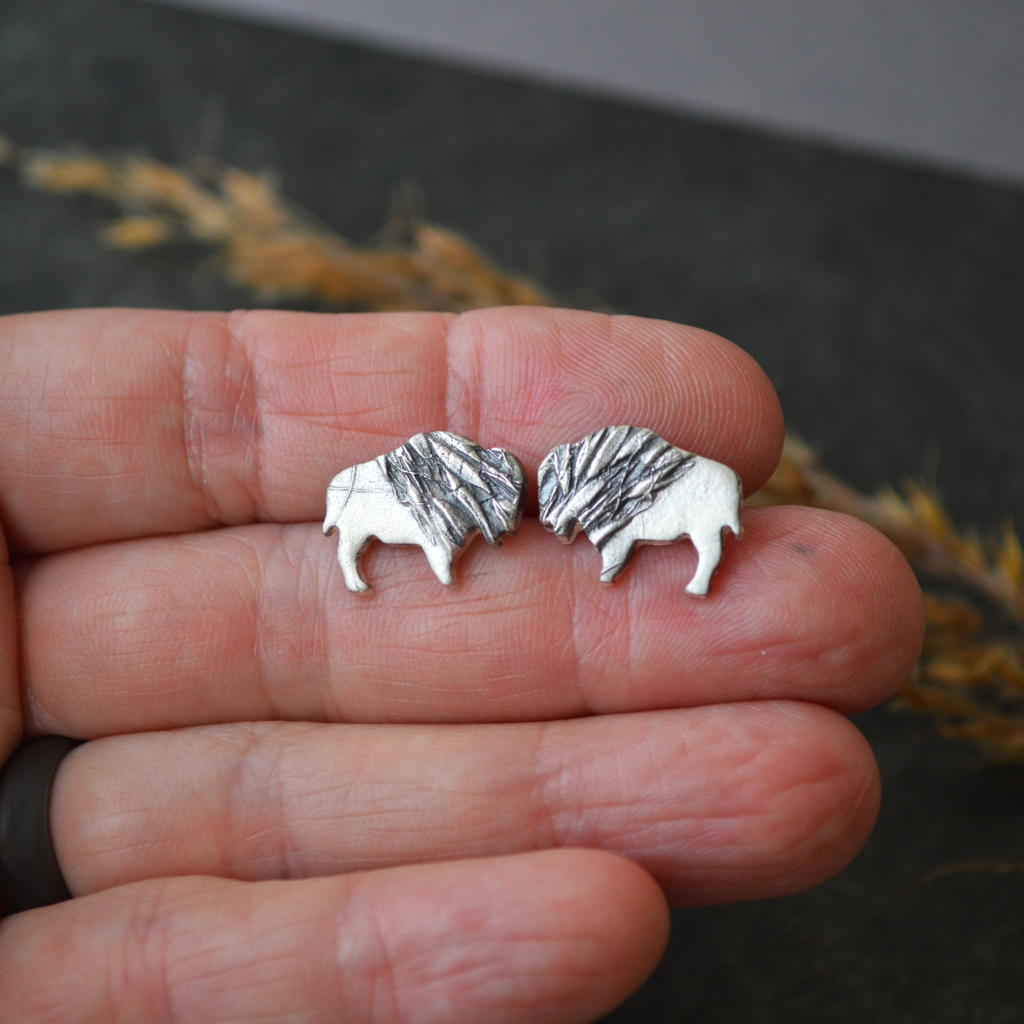 Silver Bison Stud Earrings, Indiangrass Texture