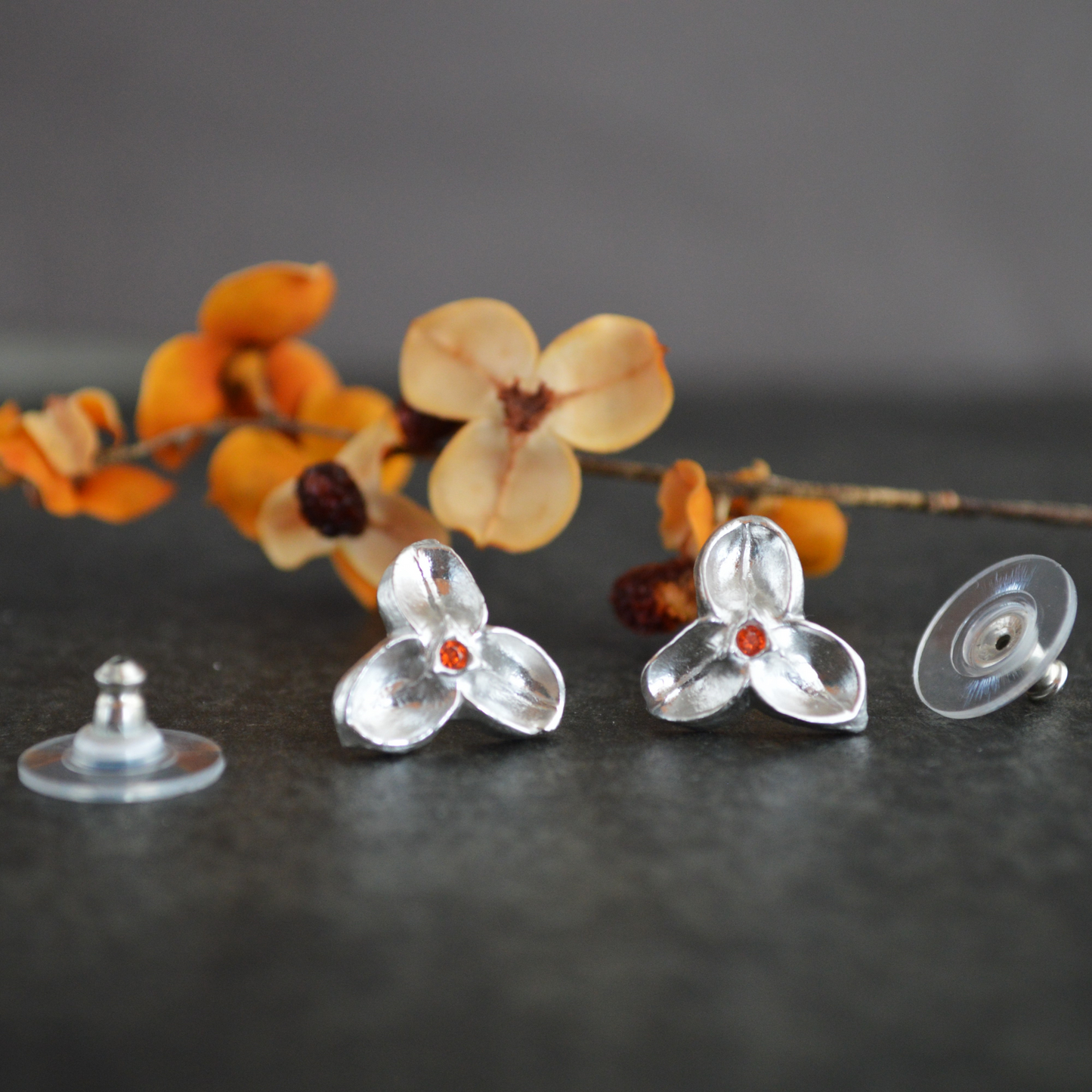 Silver Bittersweet Earrings with Orange CZ Stone